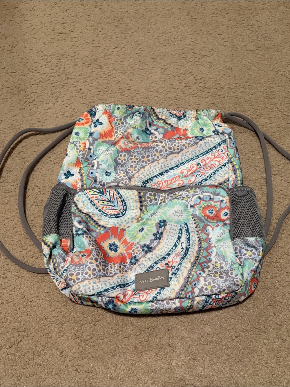 Vera Bradley Paisley Floral Drawstring Backpack in Coral, Teal, Gray